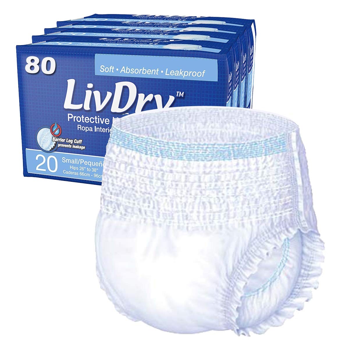 LivDry Unisex Incontinence Underwear, Extra Absorbency Adult Diapers, Leak Protection, Small 20 ct.