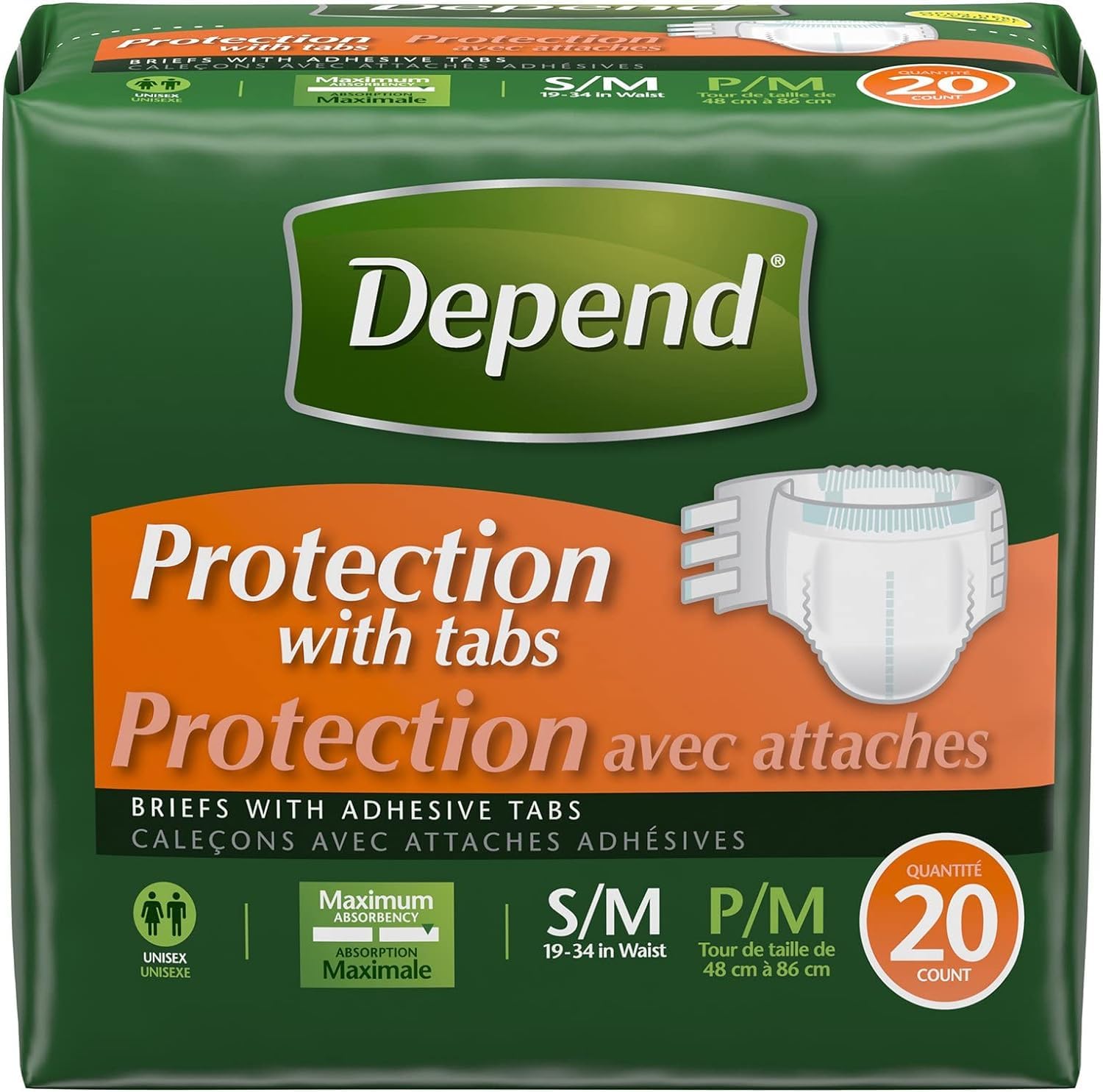 Depend Protection With Tabs, Maximum Briefs S/M, 20 Count