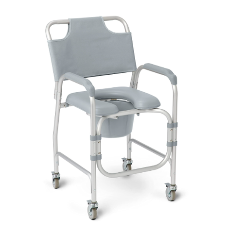 Medline Aluminum Padded Shower Chair/Commode with 4 Locking Casters Supports 300 lbs