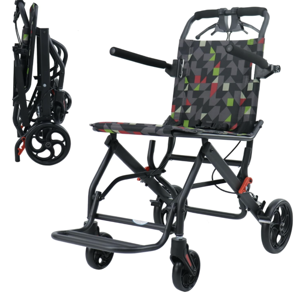 UU-ZHANG (15lb) Super Lightweight Transport Wheelchair, Locking Hand Brakes, Black Cushion