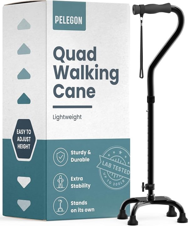 Pelegon Adjustable Quad Walking Cane with 300 lb Weight Capacity