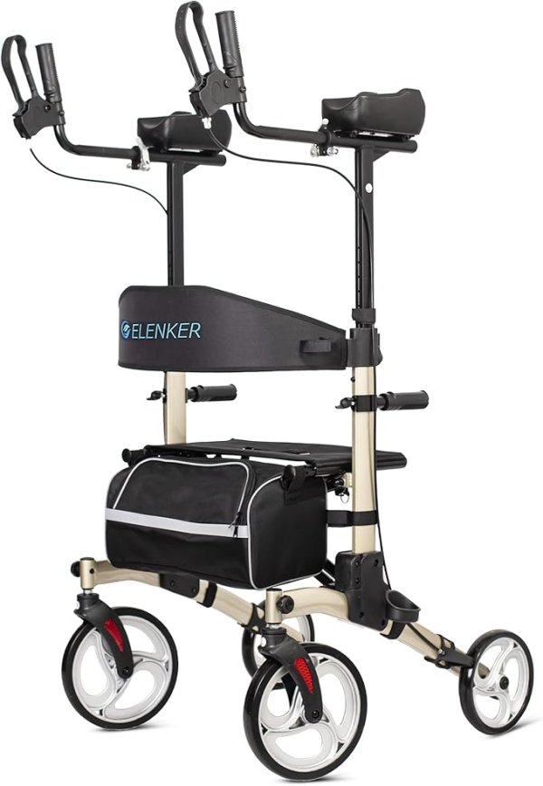 ELENKER Upright Walker, Stand Up Folding Rollator Walker with 10” Front Wheels