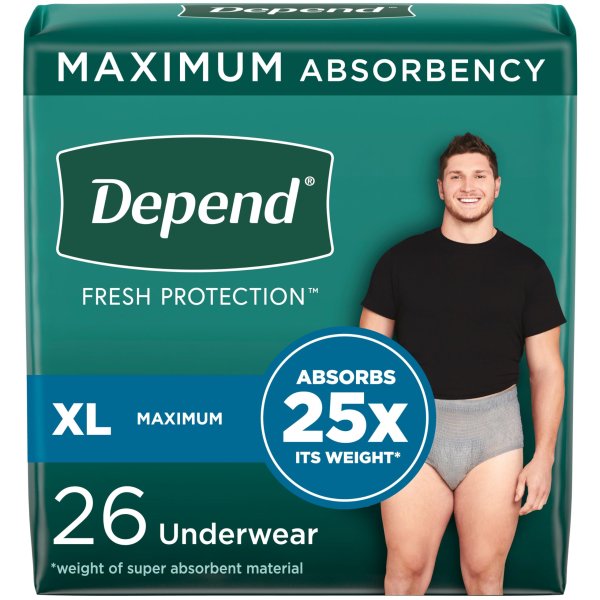 Depend Fresh Protection Men's 25x Absorption Underwear XL Grey 26 ct.