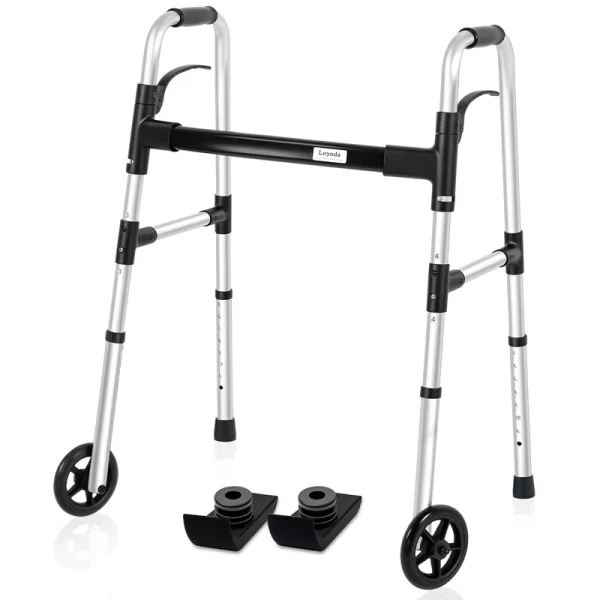 Loyoda Folding Walker with Ski Glides 5'' Front Wheel Medical Lightweight Height Adjustable