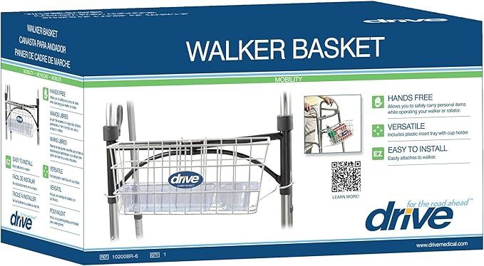 Drive Medical 10200B Walker Basket, Basket for Folding Walker with Cup Holder, White