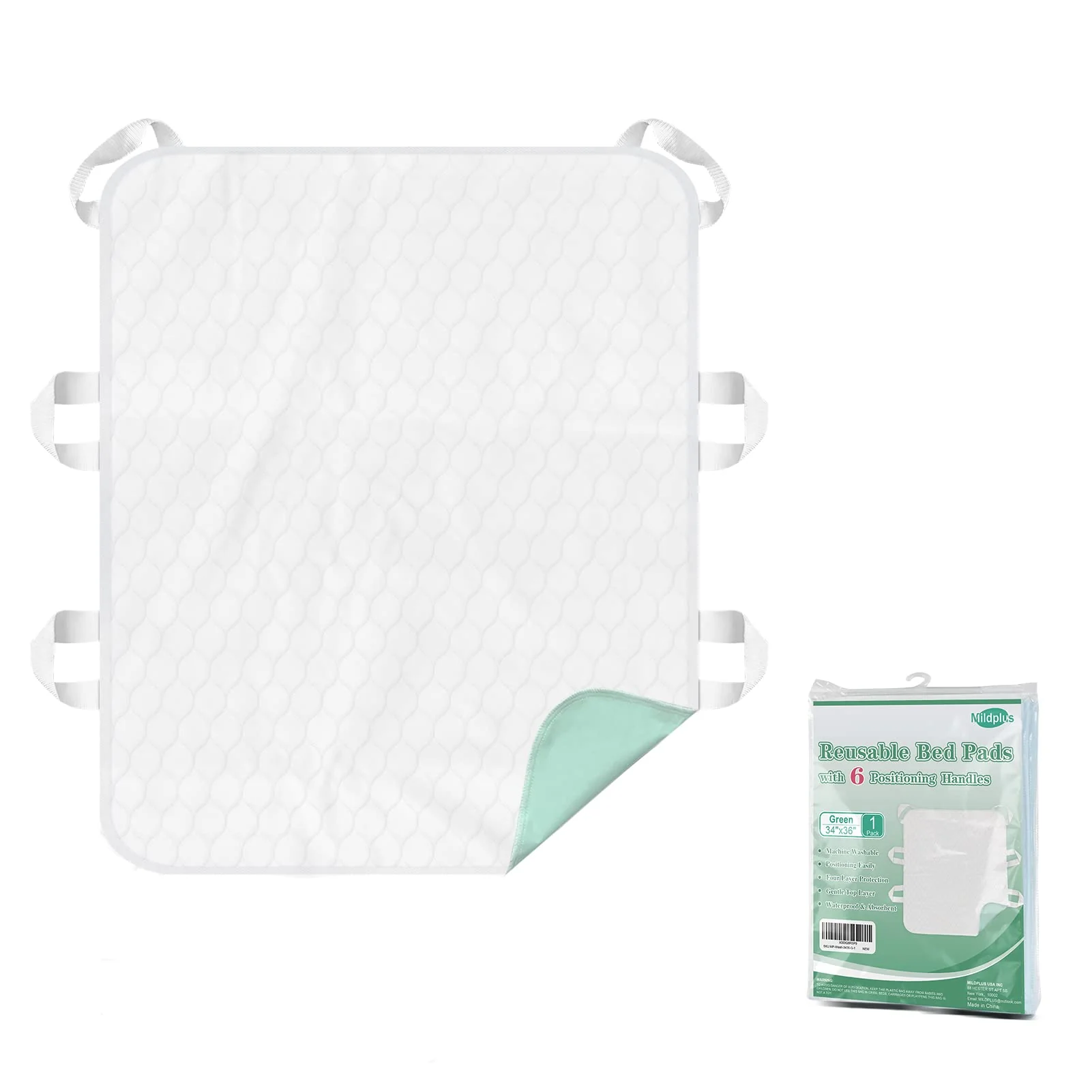 MILDPLUS Washable Bed Pads with 6 Sturdy Handles 34”×36” Extra Large Reusable Underpads 4-Layers Leakproof Chucks Pads Washable for Incontinence