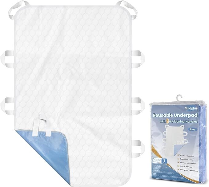 MILDPLUS Washable Bed Pads with 8 Sturdy Handles 34”×52” Extra Large Reusable Underpads 4-Layers Leakproof Chucks Pads Washable for Incontinence