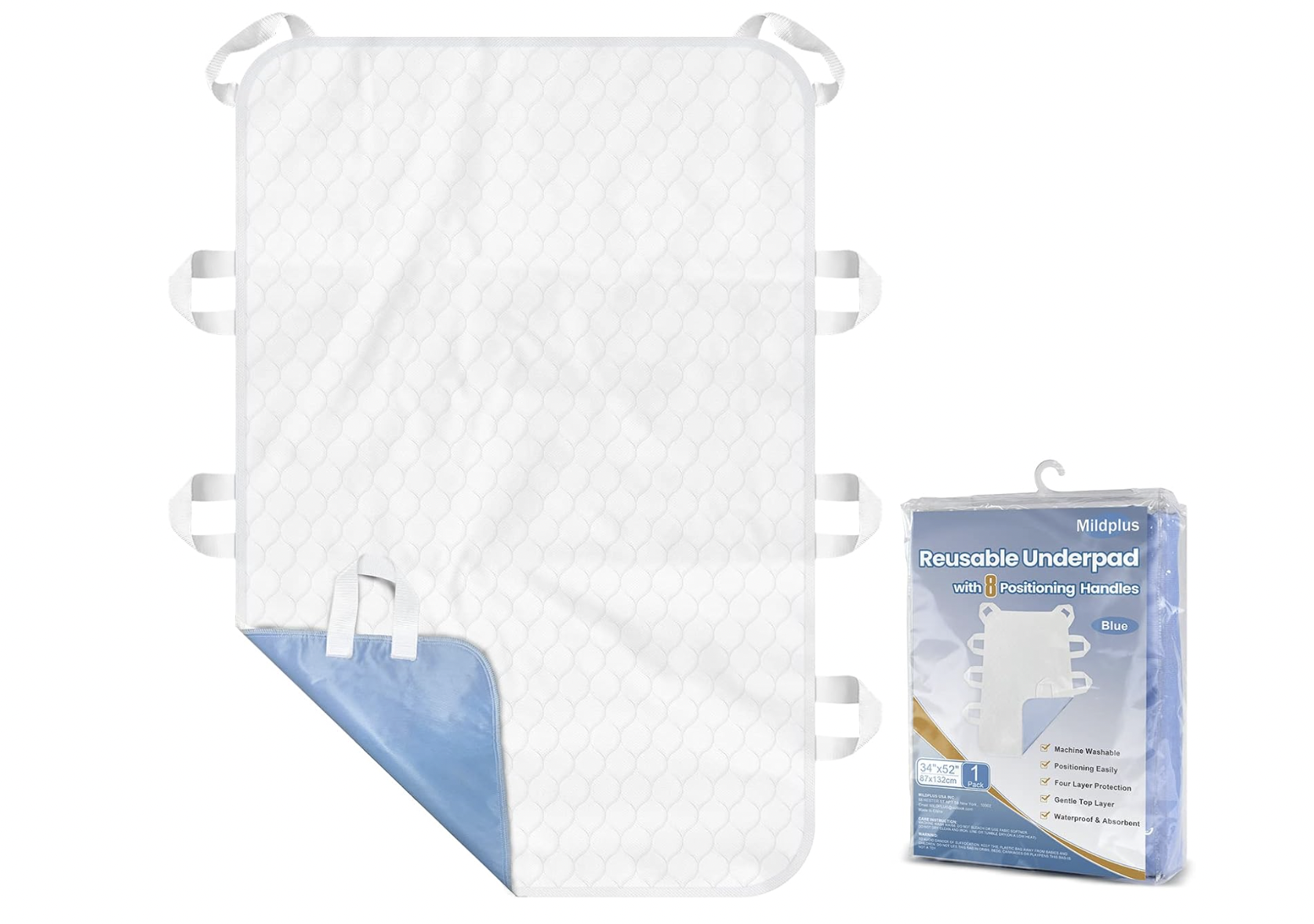 MILDPLUS Washable Bed Pads with 8 Sturdy Handles 34”×52” Extra Large Reusable Underpads 4-Layers Leakproof Chucks Pads Washable for Incontinence