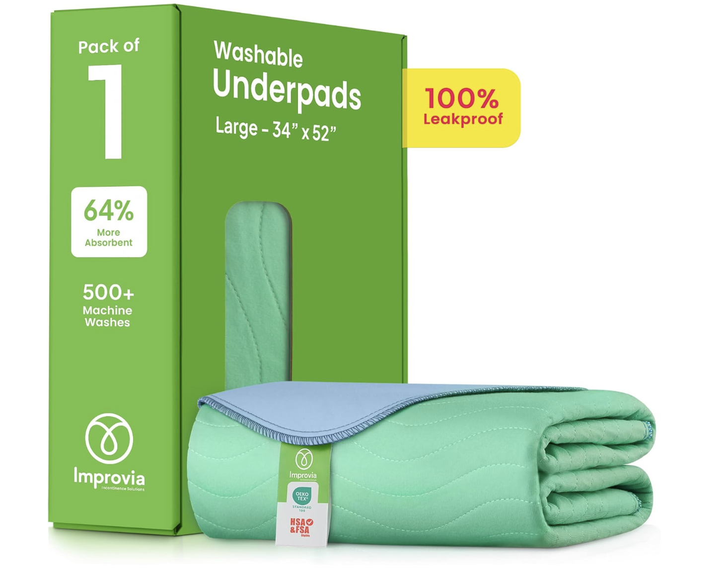 Washable Underpads, 34″ x 52″ (1 Pack) – Heavy Absorbency Reusable Incontinence Pads