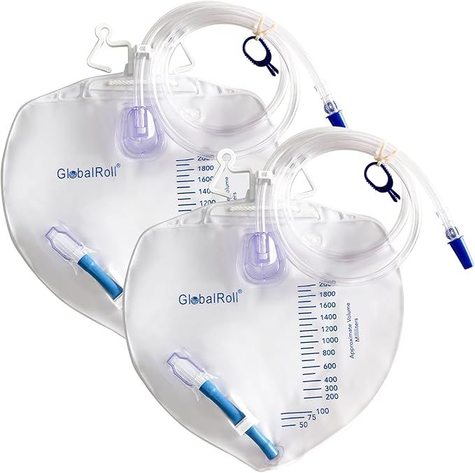 GlobalRoll Urinary Drainage Bag with Anti-Reflux Chamber, Bedside Drainage Bag 2000 mL with 48″ Drainage Tube, Hook Hanger and Clips, Urine Bag