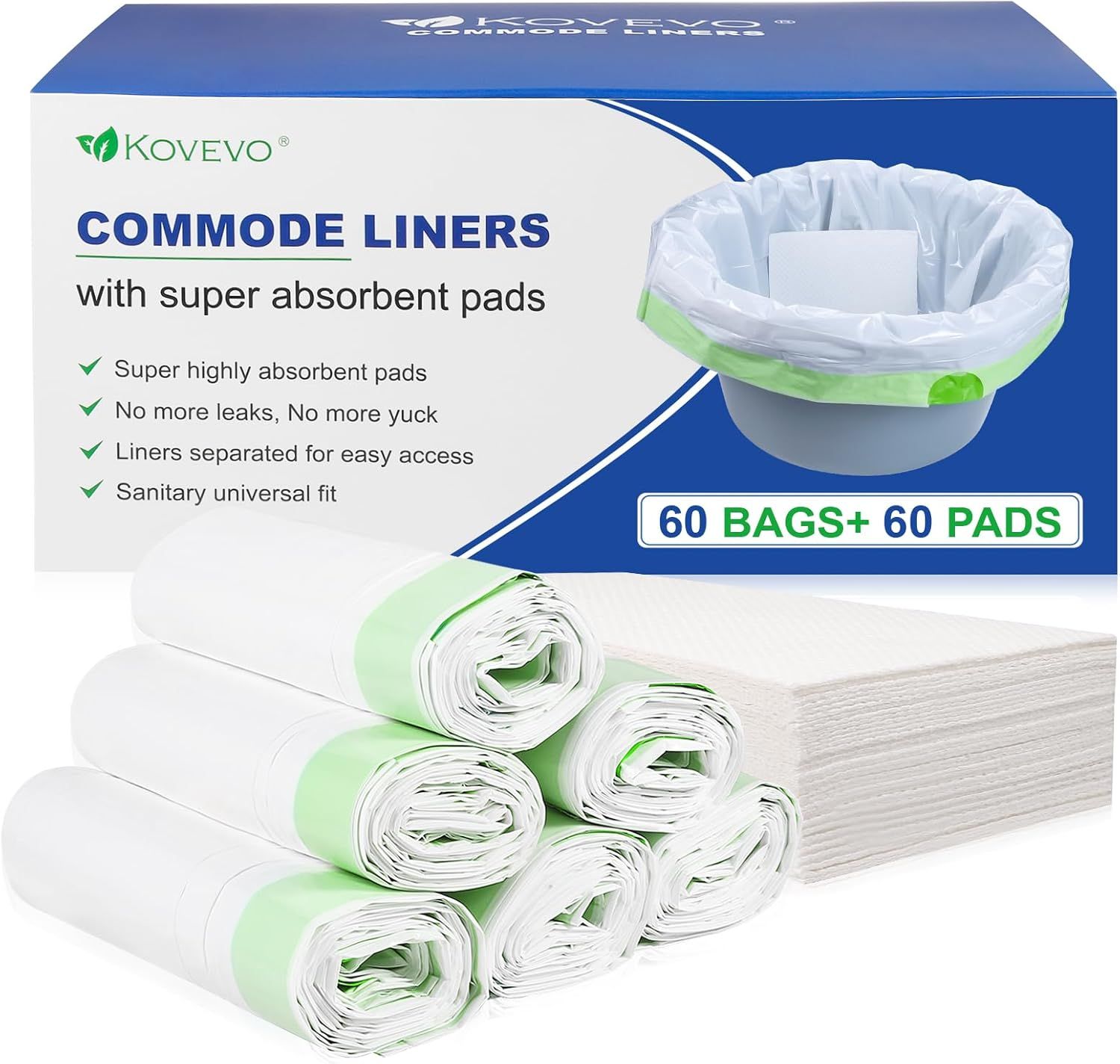 Kovevo 60 Pack Commode Liners with Absorbent Pads, 60 Bedside Commode Liners and 60 Commode Pads, Portable Toilet Liners for Commode Bucket